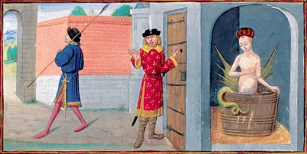 Le secret de Mélusine découvert, illustration du folio 19 du manuscrit enluminé Français 24383 du Roman de Mélusine de Jean d'Arras, XVe siècle.